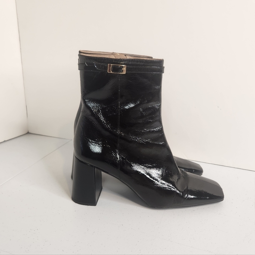 Ana Palma Black Patent Leather Chunky High Heel Boots Ankle Booties Size 41 9.5